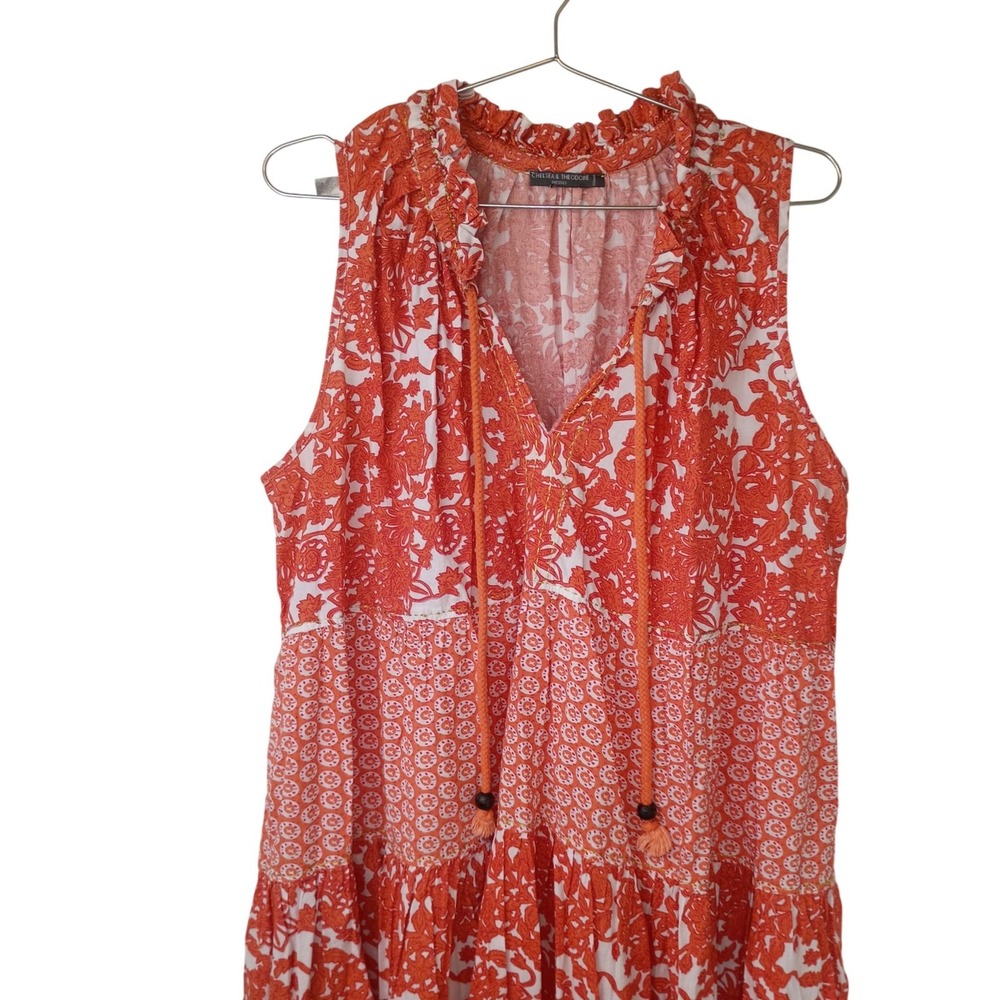 Chelsea & Theodore Orange Floral Tiered Mini Dress Sleeveless Tassel Tie XL - Picture 8 of 14